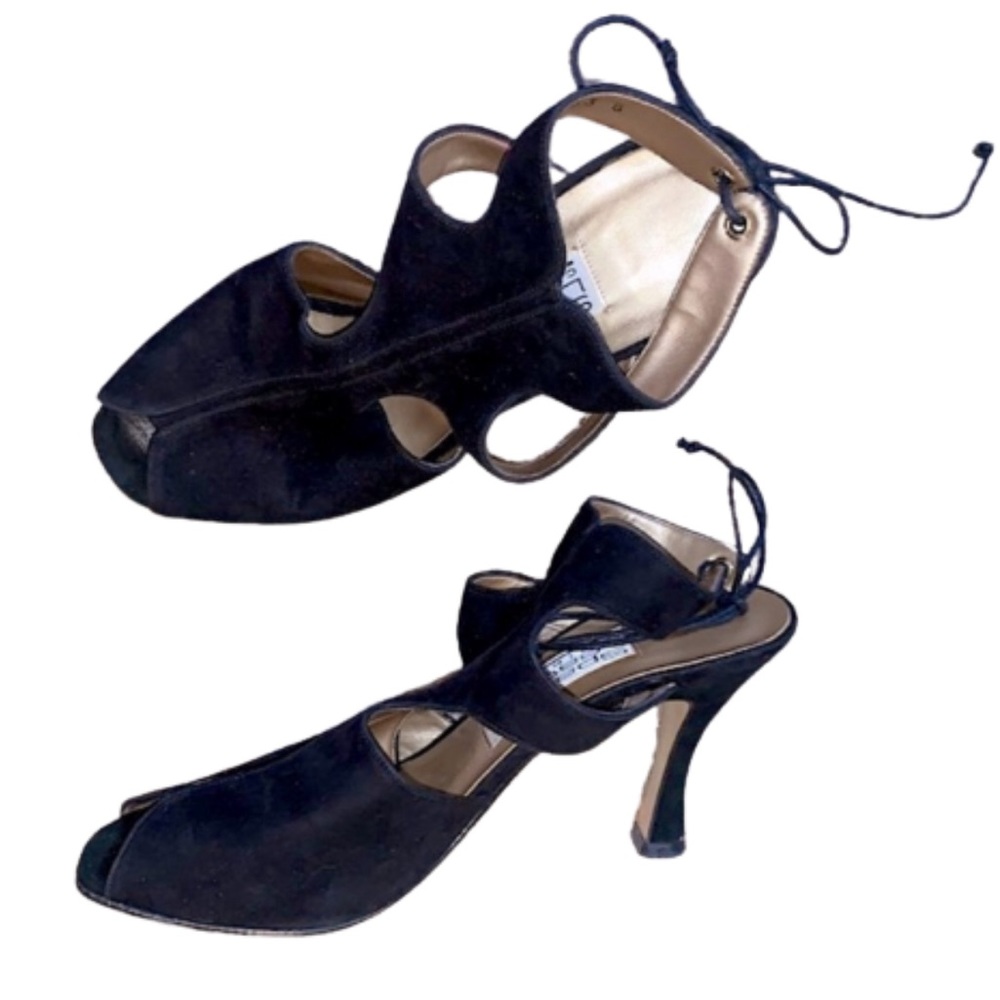 Sergio Zelcer Spanish Leather Collection leather cutout peep toe ankle tie heels